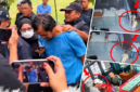 Foto: Tersangka Dwi Bagus Martono tertunduk dengan tangan diborgol saat tiba di Mapolda Jatim, Senin (26/10/2026), didampingi aparat kepolisian serta tangkapan layar rekaman CCTV terkait kasus pembunuhan berencana.