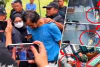 Foto: Tersangka Dwi Bagus Martono tertunduk dengan tangan diborgol saat tiba di Mapolda Jatim, Senin (26/10/2026), didampingi aparat kepolisian serta tangkapan layar rekaman CCTV terkait kasus pembunuhan berencana.