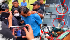 Foto: Tersangka Dwi Bagus Martono tertunduk dengan tangan diborgol saat tiba di Mapolda Jatim, Senin (26/10/2026), didampingi aparat kepolisian serta tangkapan layar rekaman CCTV terkait kasus pembunuhan berencana.
