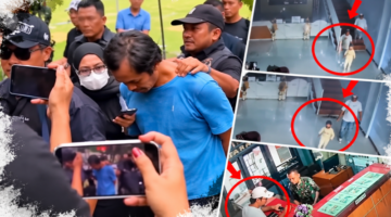 Foto: Tersangka Dwi Bagus Martono tertunduk dengan tangan diborgol saat tiba di Mapolda Jatim, Senin (26/10/2026), didampingi aparat kepolisian serta tangkapan layar rekaman CCTV terkait kasus pembunuhan berencana.