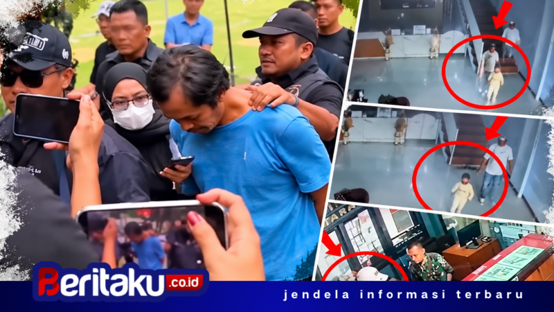 Foto: Tersangka Dwi Bagus Martono tertunduk dengan tangan diborgol saat tiba di Mapolda Jatim, Senin (26/10/2026), didampingi aparat kepolisian serta tangkapan layar rekaman CCTV terkait kasus pembunuhan berencana.