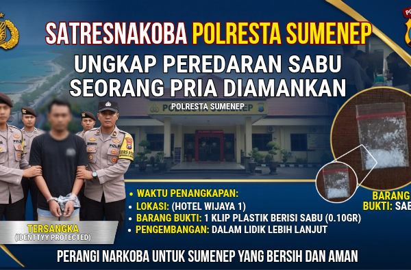 Gerebek Gudang Hotel di Kota Sumenep, Polresta Sumenep Tangkap Pria Paruh Baya Beserta Sabu