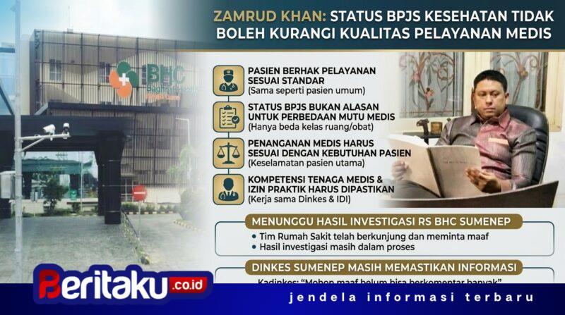 Foto: Infografis poin-poin penyataan tegas tokoh hukum Zamrud Khan mengenai standar pelayanan BPJS Kesehatan dan pengawasan izin praktik dokter dalam kasus meninggalnya Moh. Firman Ramadhani di RS BHC Sumenep.