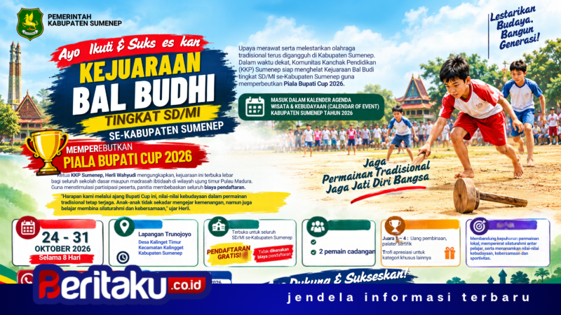 Foto: Poster sosialisasi Kejuaraan Bal Budhi Tingkat SD/MI se-Kabupaten Sumenep memperebutkan Piala Bupati Cup 2026 yang diinisiasi Komunitas Kancah Pendidikan (KKP) Sumenep.