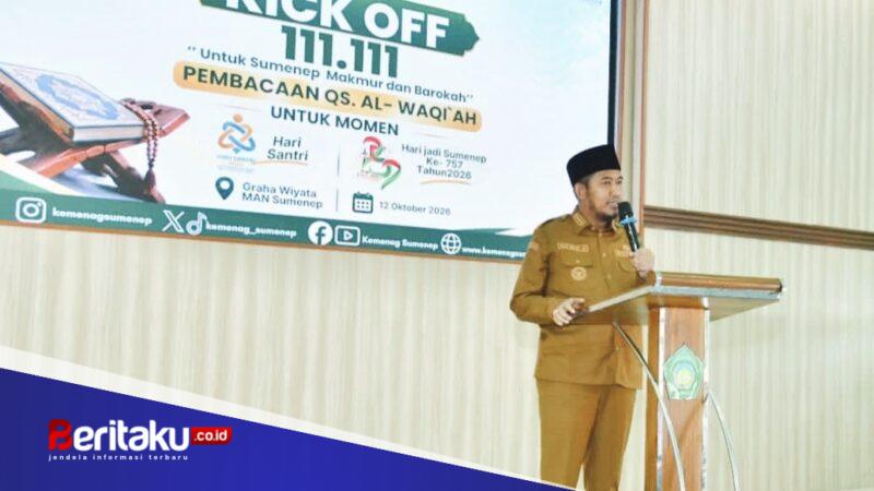 Foto: Bupati Sumenep Dr. H. Achmad Fauzi Wongsojudo, S.H., M.H., saat memberikan arahan dalam acara Kick Off Pembacaan Bersama 111.111 Kali QS. Al-Waqi'ah ASN dan PPPK di Graha Wiyata MAN Sumenep.