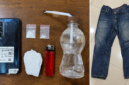 Foto: Deretan barang bukti berupa dua poket plastik klip sabu, alat isap bong dari botol plastik, pipet kaca, tisu, korek api gas, satu unit ponsel, serta celana jeans yang disita petugas Satresnarkoba Polresta Sumenep dari dua terduga pelaku di Desa Lenteng Timur.