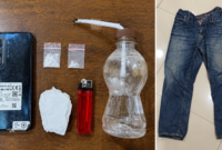Foto: Deretan barang bukti berupa dua poket plastik klip sabu, alat isap bong dari botol plastik, pipet kaca, tisu, korek api gas, satu unit ponsel, serta celana jeans yang disita petugas Satresnarkoba Polresta Sumenep dari dua terduga pelaku di Desa Lenteng Timur.