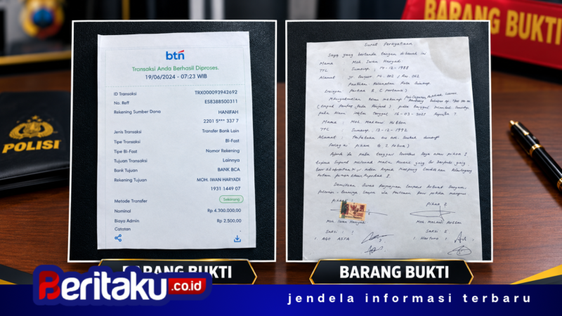 Foto: Barang bukti slip transaksi transfer bank dan dokumen surat pernyataan bertandatangan yang disita Satreskrim Polresta Sumenep untuk menjerat tersangka tindak pidana penipuan dan penggelapan dana umrah.