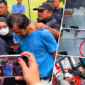 Foto: Tersangka Dwi Bagus Martono tertunduk dengan tangan diborgol saat tiba di Mapolda Jatim, Senin (26/10/2026), didampingi aparat kepolisian serta tangkapan layar rekaman CCTV terkait kasus pembunuhan berencana.