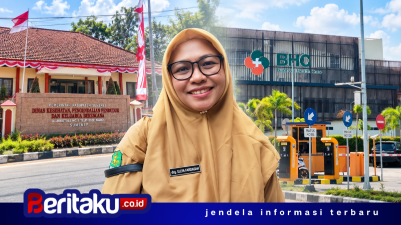 Foto: Kepala Dinkes P2KB Kabupaten Sumenep drg. Elliya Fardasah (depan) dengan latar belakang Kantor Dinas Kesehatan P2KB Sumenep (kiri) dan RS Baghraf Health Care (BHC) Sumenep (kanan).